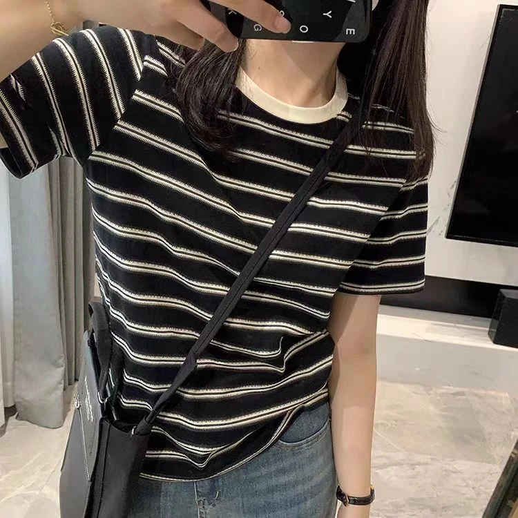 9125#复古条纹正肩短袖t恤女2025年新款夏季修身显瘦百搭圆领上衣