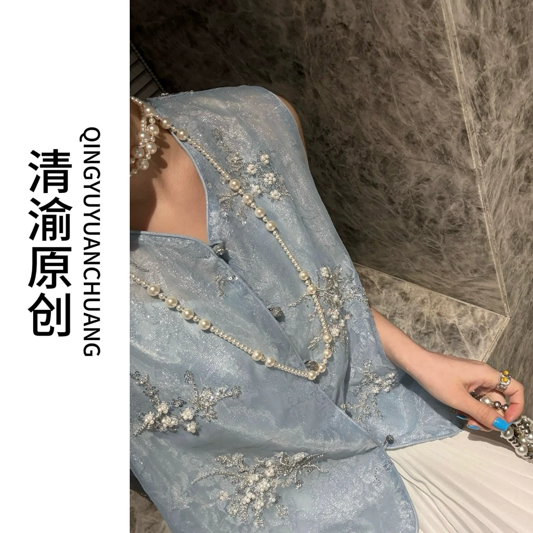 【容华】单排扣圆领纯色常规刺绣春季马夹中国风日常蓝色唐装女