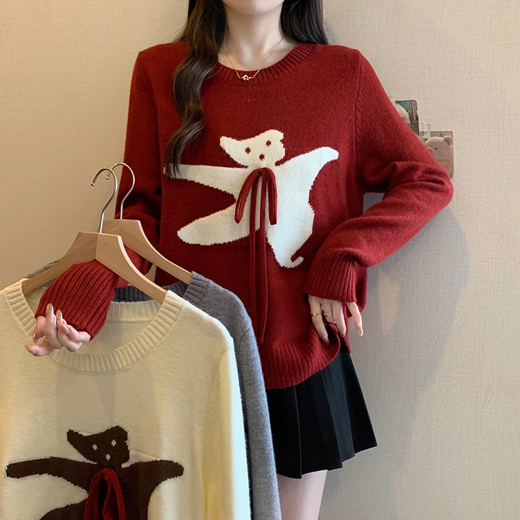 2025春季新款胖mm大码女卡通小熊蝴蝶结针织衫软糯宽松内搭毛衣