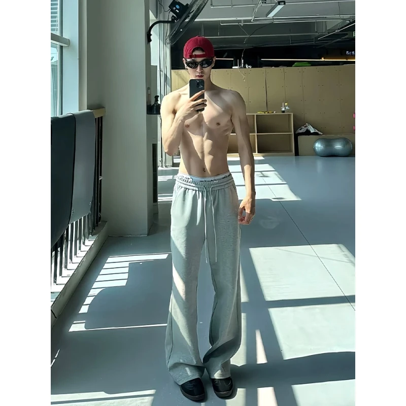 港式麻灰色运动卫裤男款夏季重磅休闲裤国潮美式复古休闲百搭裤子