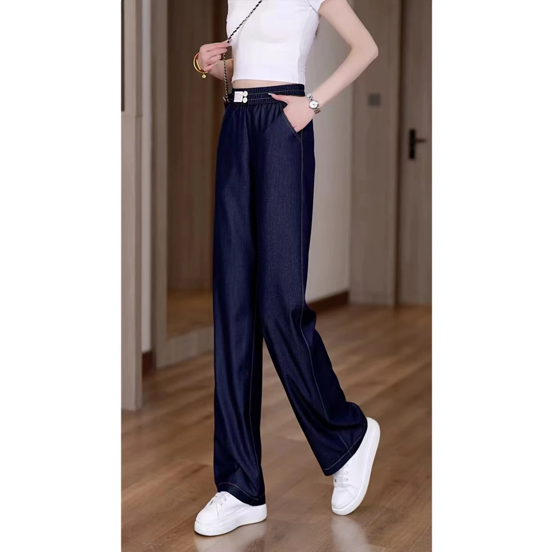 2025夏季*防褪色*丹宁蓝显瘦弹力宽松休闲高腰窄版直筒阔腿牛仔裤