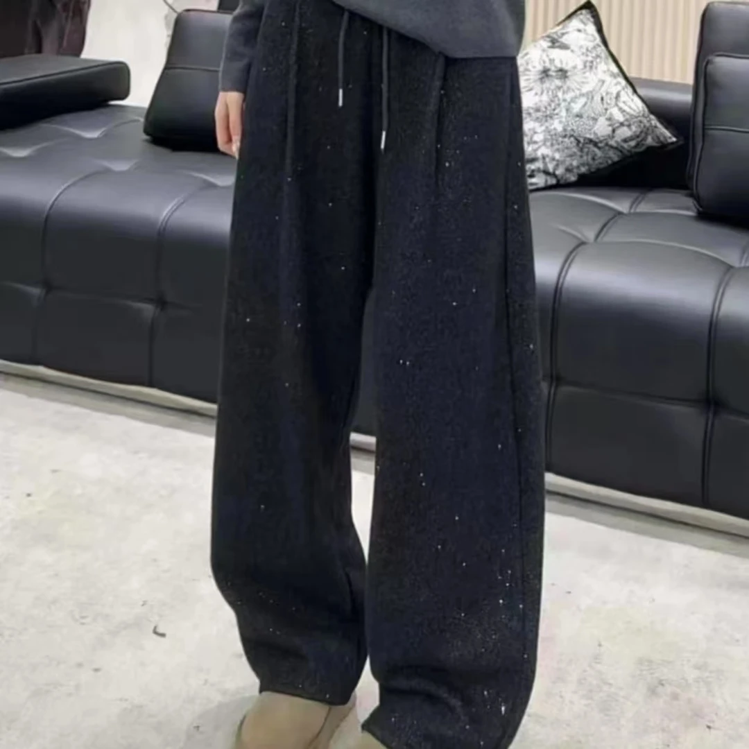 【银河裤】撒银工艺百搭加厚阔腿裤女春款女高腰抽绳显瘦弯刀裤