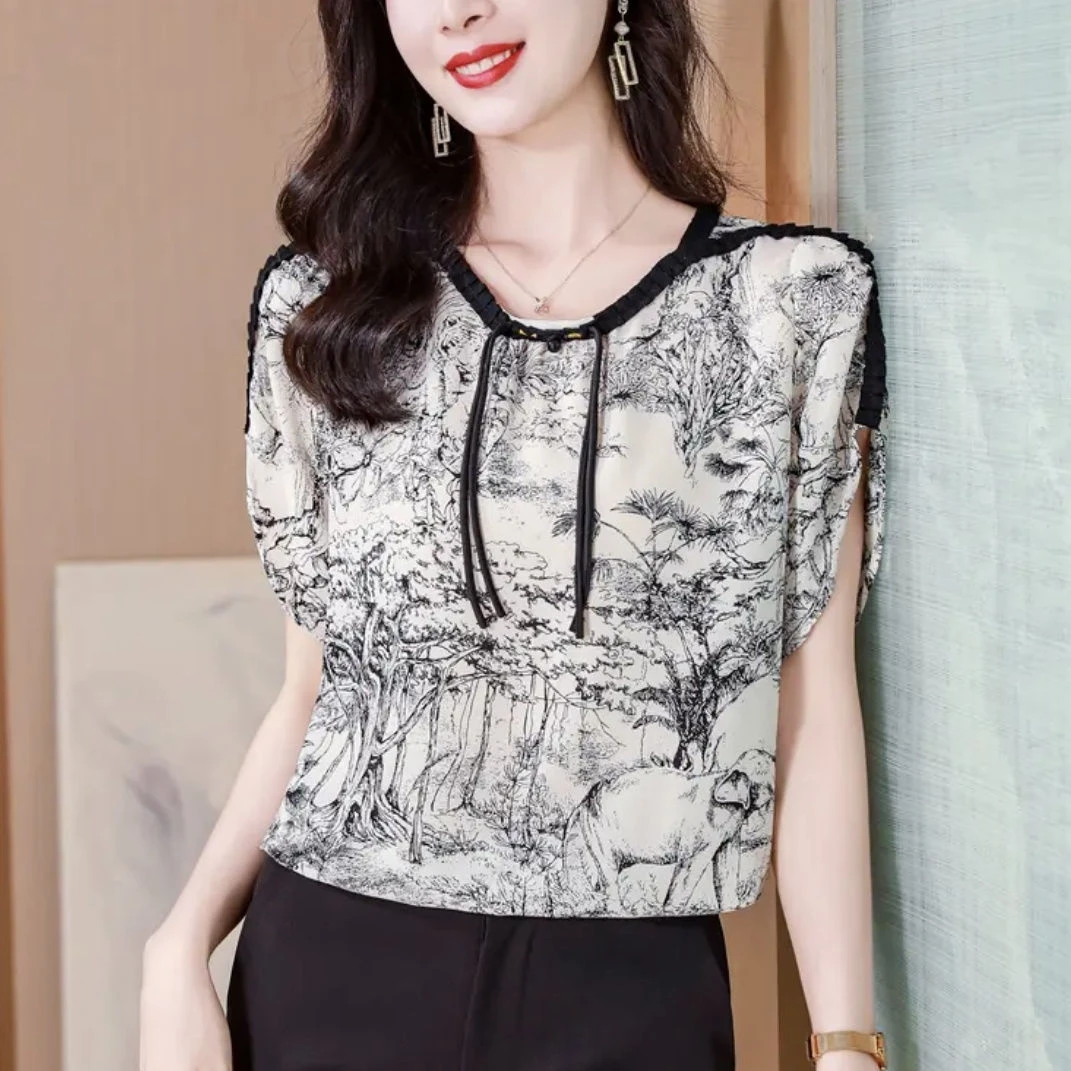 S24060  小众经典圆领新中式流苏盘扣夏季雪纺衫