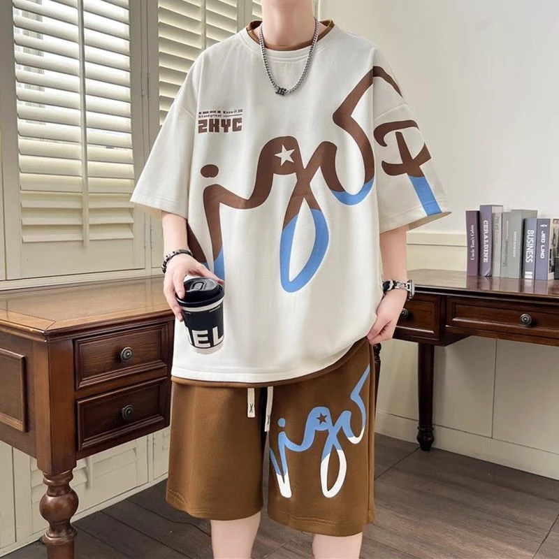 新爆款套装舒适透气不闷热一整套搭配假两件拼接设计圆领短袖上衣