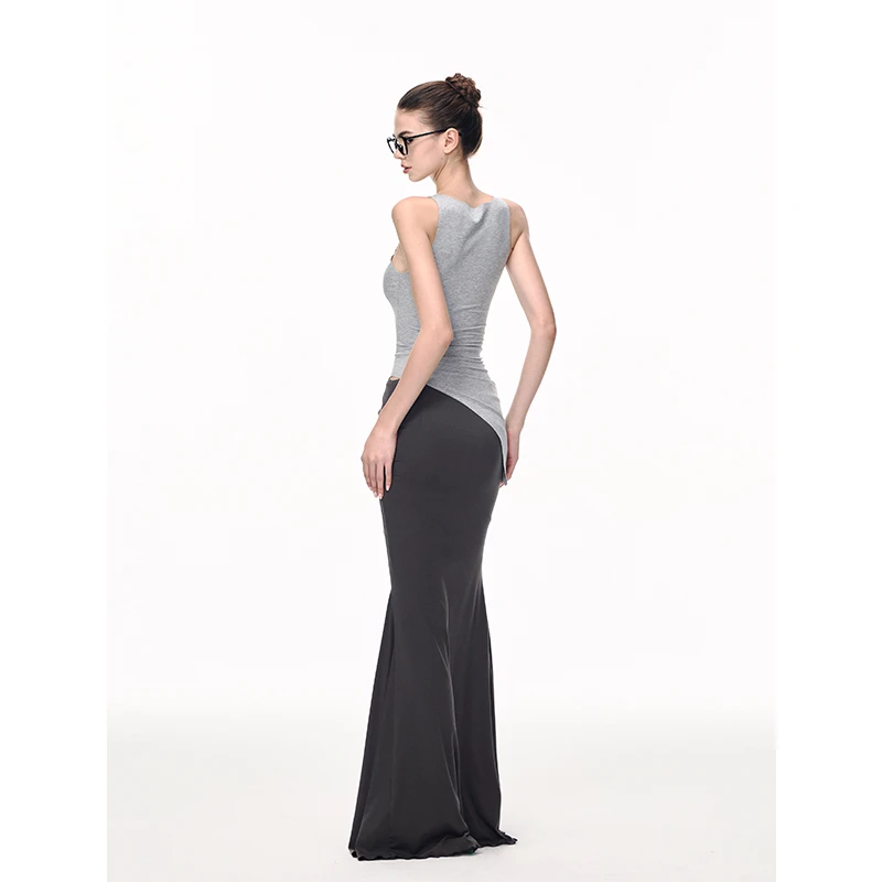 JLAUNT 辣妹半身裙女夏季设计感修身鱼尾包臀裙气质长款灰色裙子