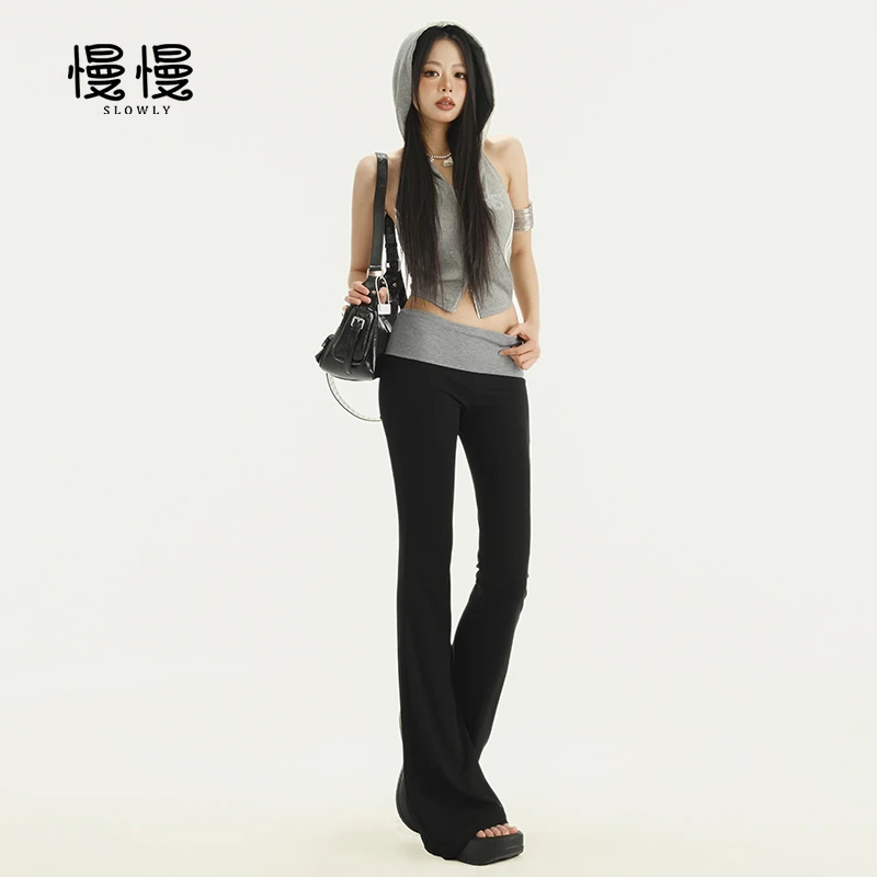 美式休闲卫裤女春季低腰垂感撞色拼接修身显瘦百搭时尚微喇瑜伽裤