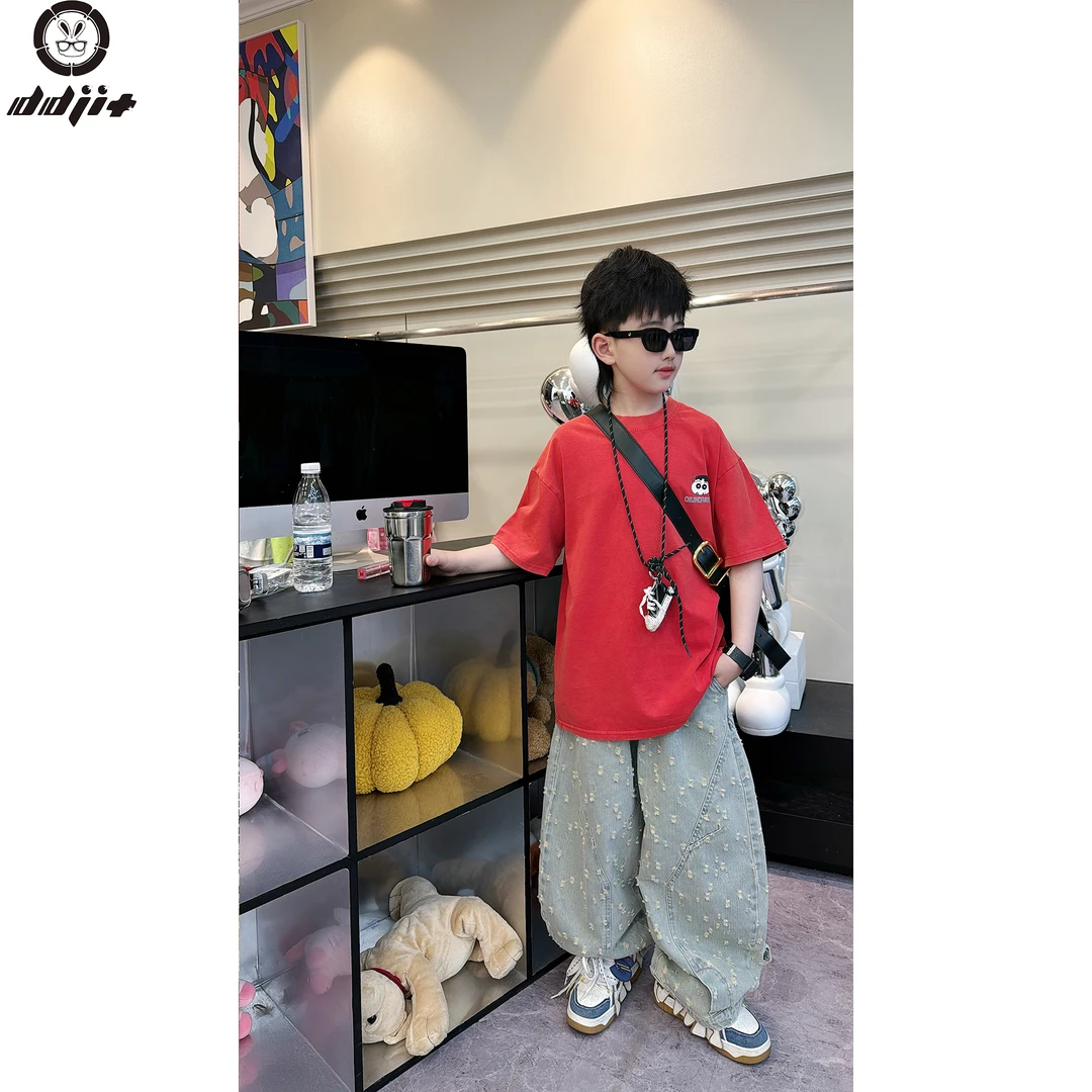 蛋蛋家【小新T恤】春夏款时尚街头男童橘红色背面小新印花短袖T恤