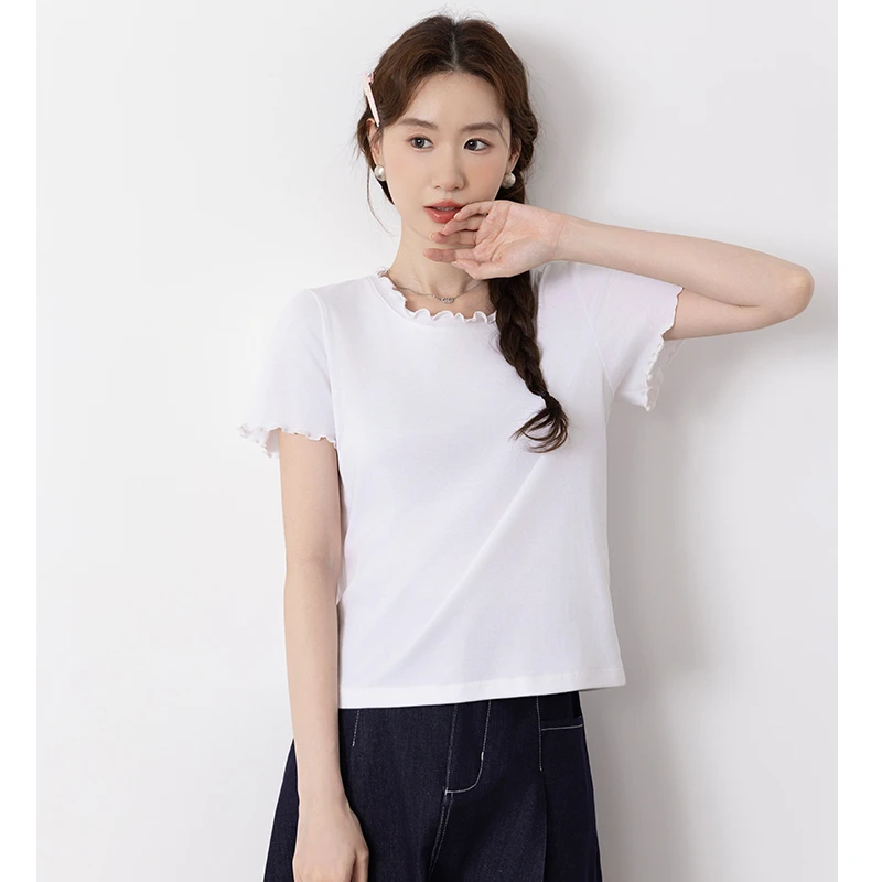 绮娑夏装新款大码女装木耳边领显瘦胖MM白色短袖上衣女正肩T恤衫