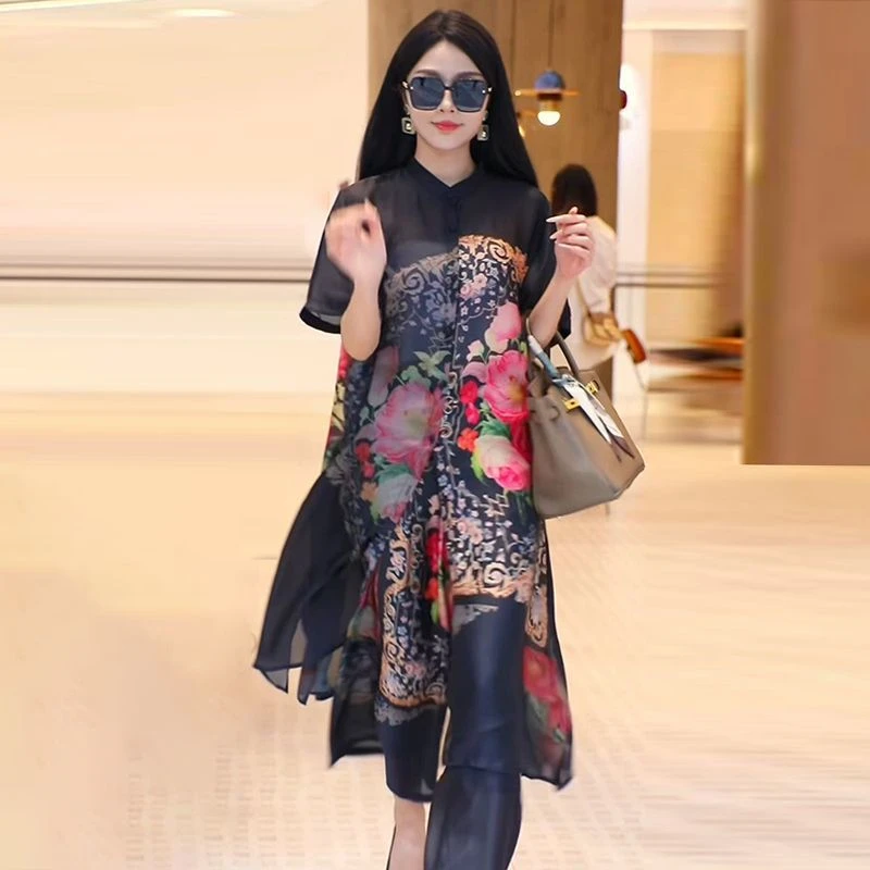 2025夏季新款高级感复古减龄印花开衫外搭洋气宽松阔腿裤两件套装