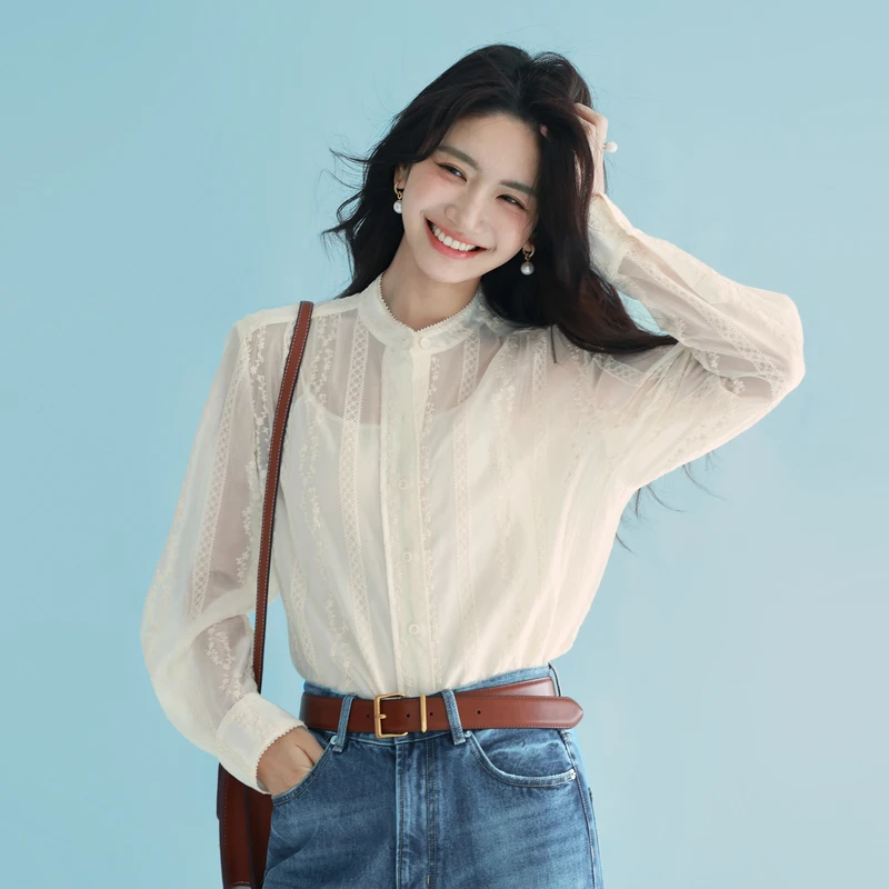 伊芙丽立领设计云天丝底布绣花蕾丝织带吊带小上衣春季欧若风