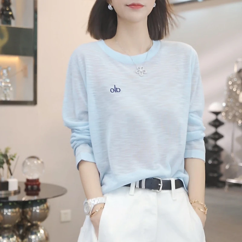 高级感字母白色长袖t恤女士夏季2025新款薄款冰丝上衣防晒衣罩衫