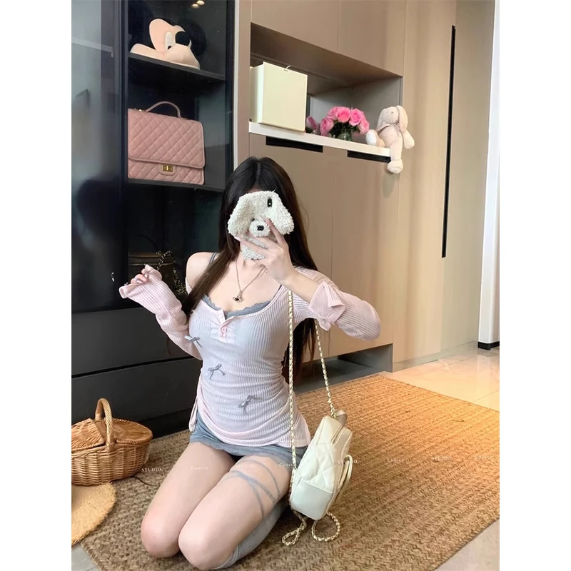 【清货】纯欲风薄款蝴蝶结长袖修身T恤上衣显瘦叠穿吊带裙背心