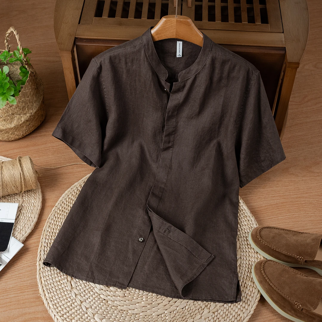 纯亚麻夏季新款短袖亚麻衬衫上衣休闲水洗衬衣中式立领男士薄款