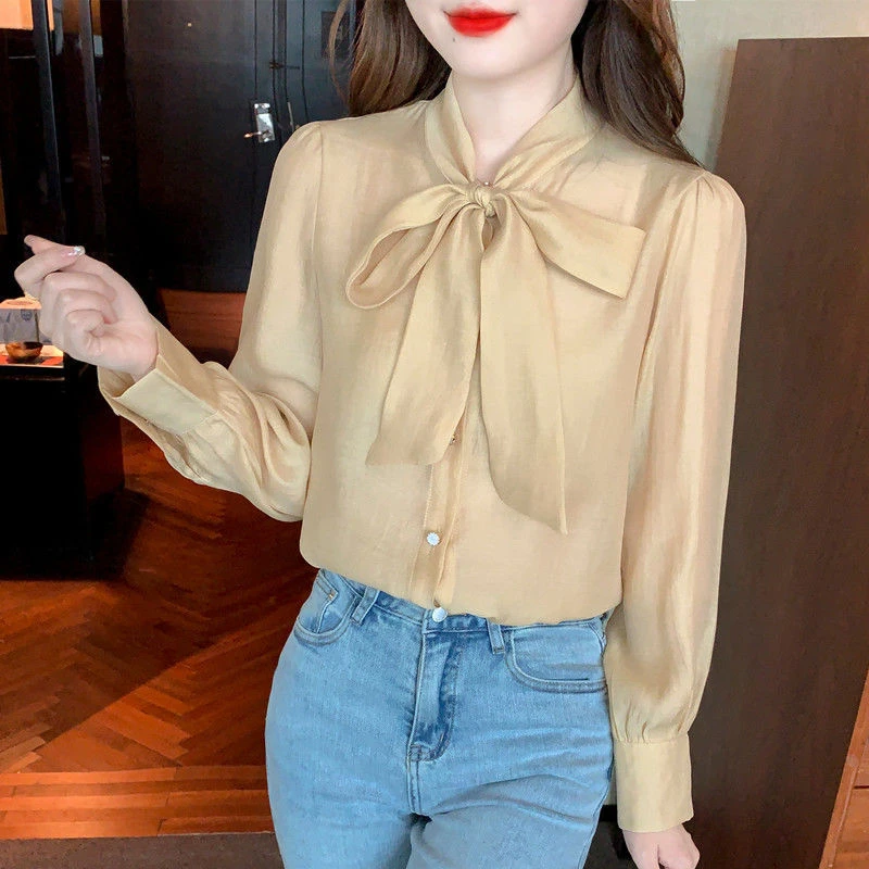 职业新款气质早秋衬衫2024年紫色长袖雪纺上衣时尚衬衣飘带女秋装