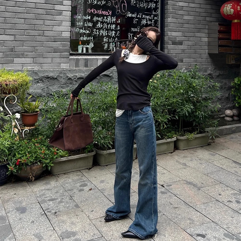 D YANGJUN【年中福利】秋季浅蓝色微喇叭裤女高腰显瘦拖地牛仔裤子