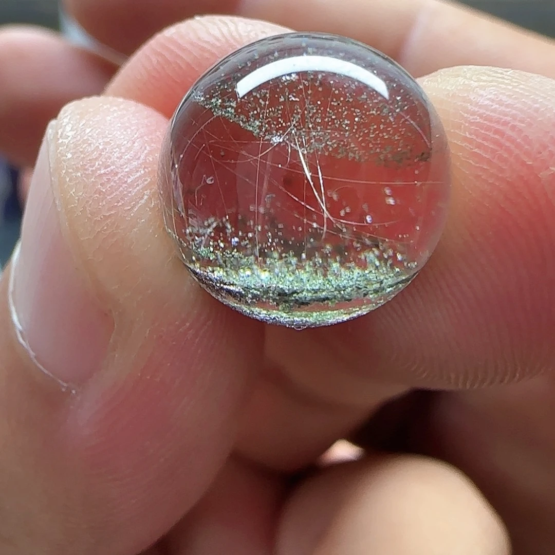 珠宝半成品未镶嵌水晶绿幽灵穿发晶13.3mm