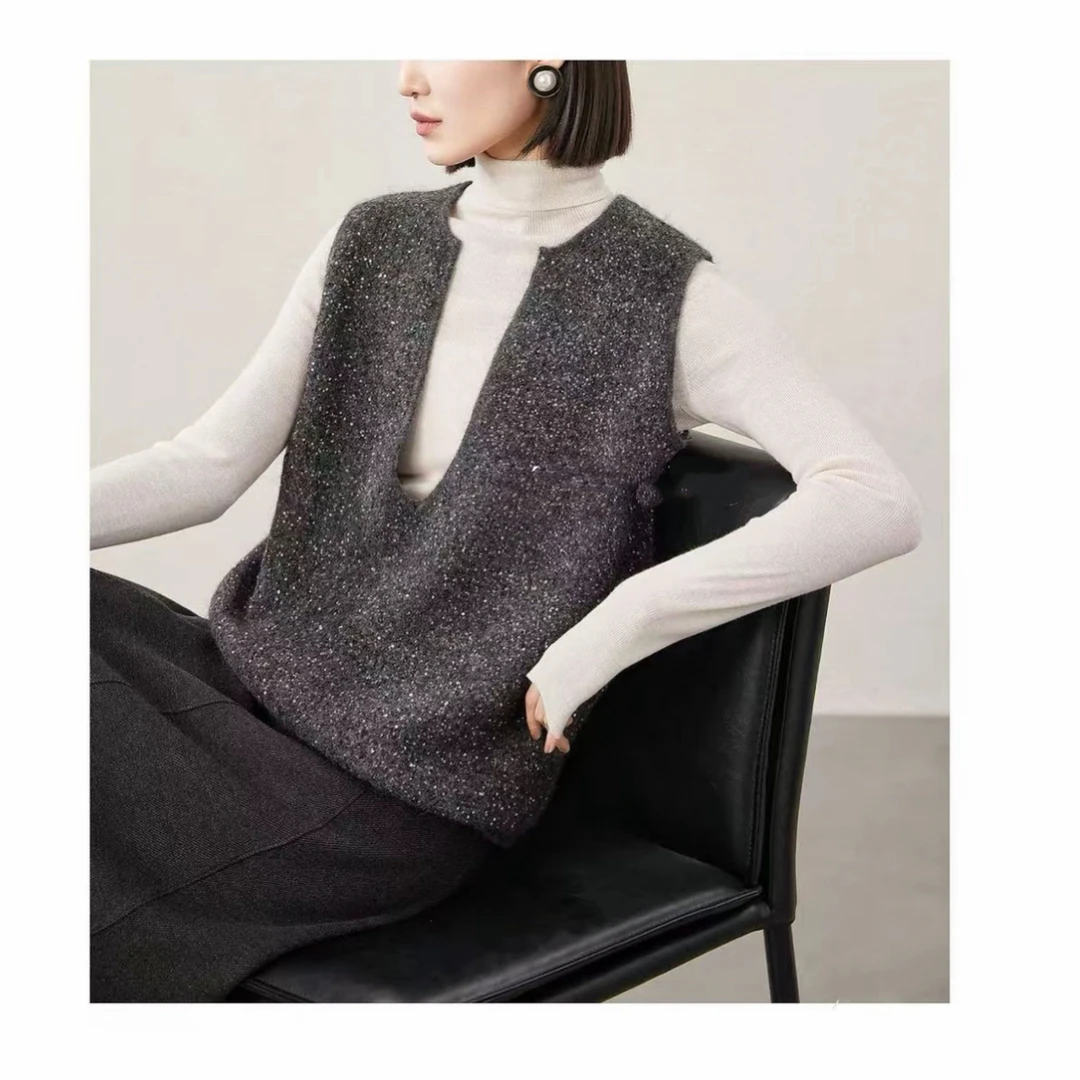 欧洲站2025秋季洋气时尚设计感深V领叠穿百搭亮片针织衫背心5147