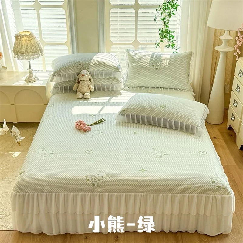 【晴美】凉感丝冰豆豆凉席刺绣三件套-小熊-绿