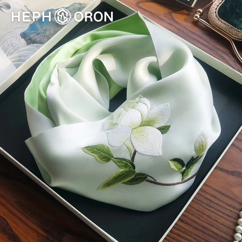 HEPHSORON苏绣丝巾礼盒送妈妈绿色刺绣气质百搭桑蚕丝真丝围巾