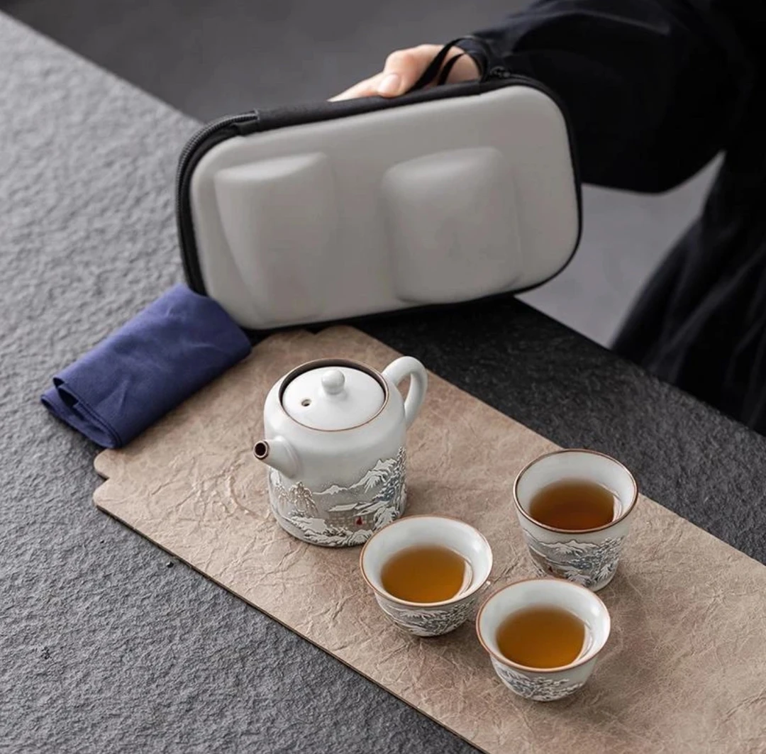 颜荣聪汝窑旅行茶具套装快客杯一壶二杯便携式茶杯茶壶收纳包定制