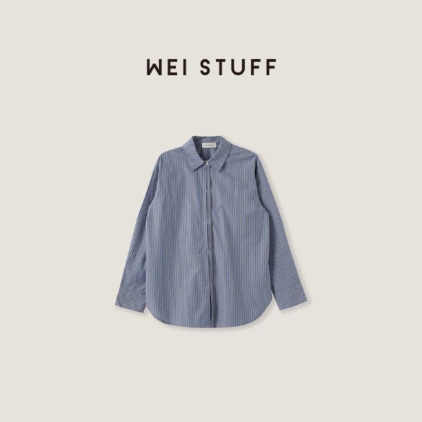 WEI STUFF 春季蓝色纯棉松弛有感时尚慵懒简约百搭条纹衬衫 8081
