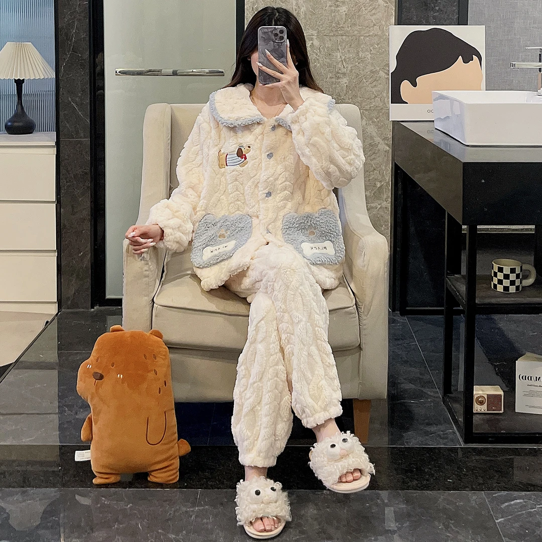 韩系ins睡衣女冬季长毛绒加绒加厚可爱小狗珊瑚绒保暖家居服套装