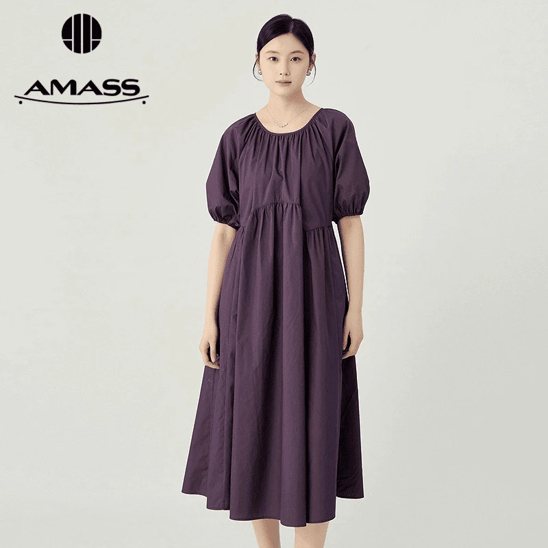 阿玛施AMASS春夏度假出游青春纯色休闲圆领短袖中长连衣裙5500549