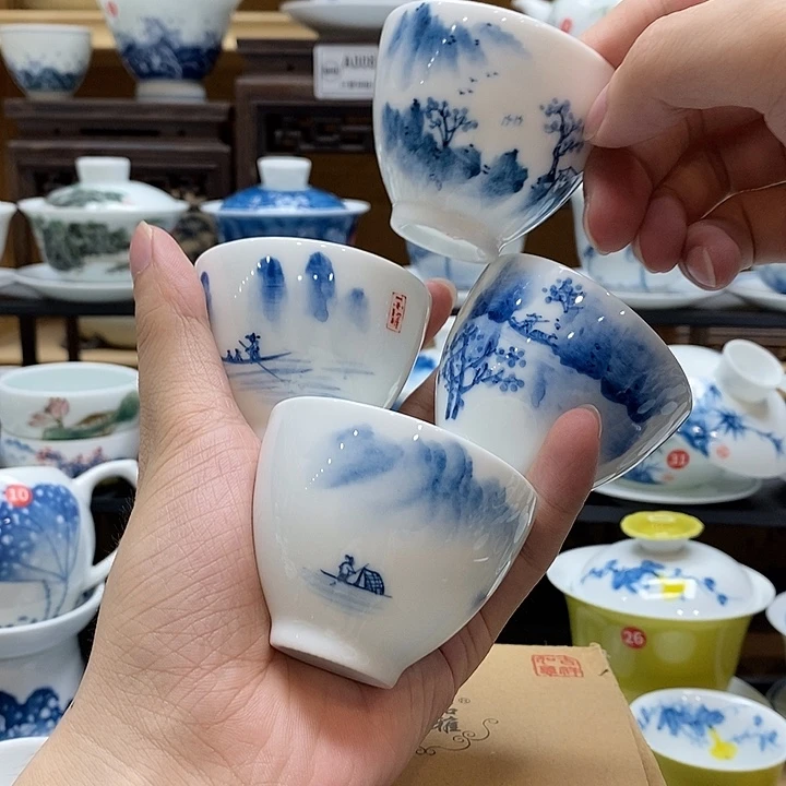 手绘水乡杯子4个装60cc不同图案随机釉下彩微瑕福利款