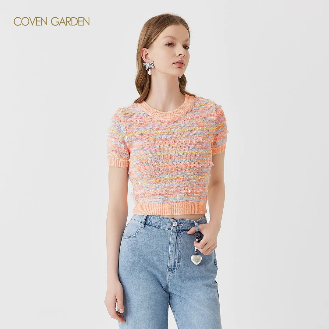 【达人专属】哥文花园亮片日落短款针织衫女上衣CLC1031408