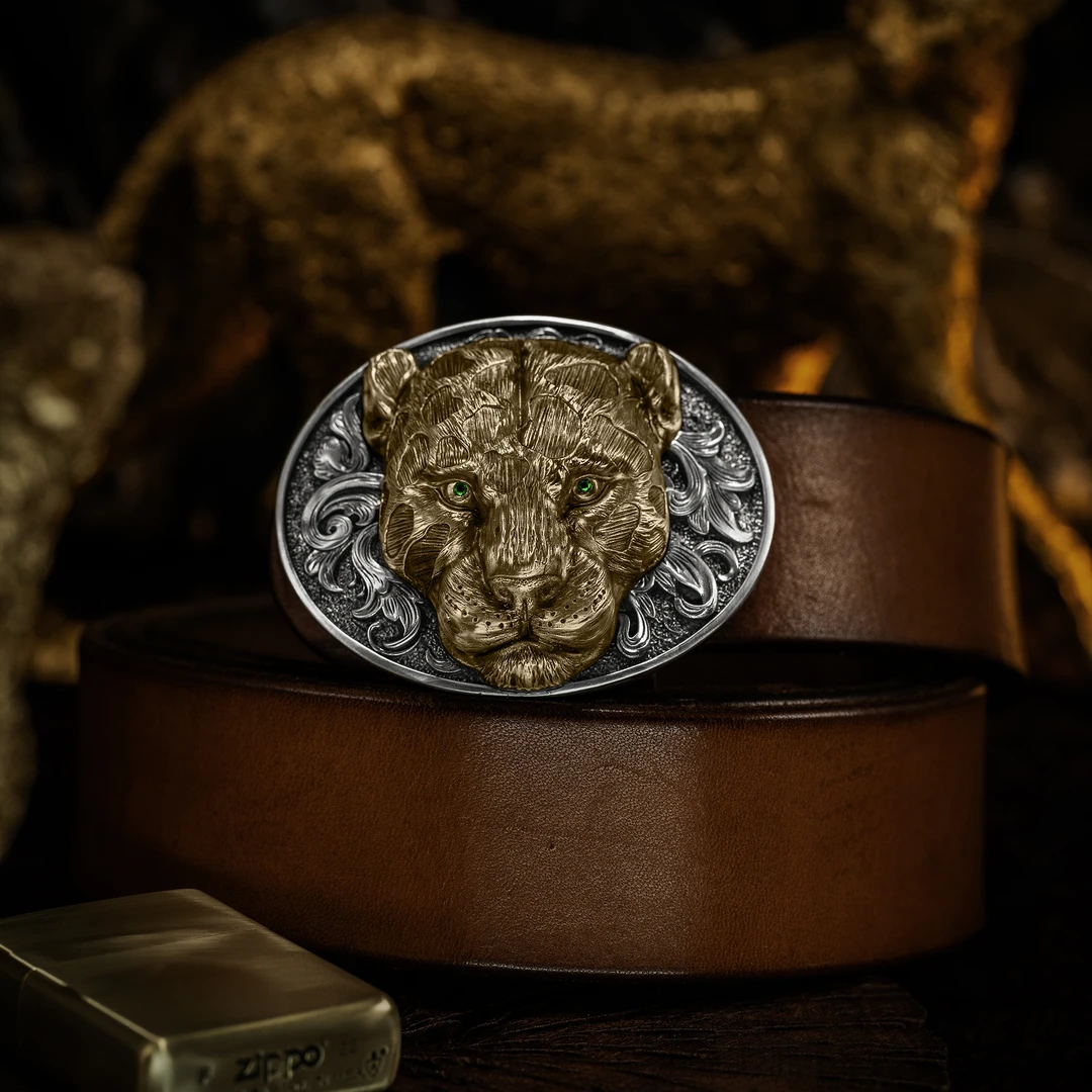 猎豹铜皮带扣 铜材质时尚休闲个性复古金色真皮腰带扣皮带头高档