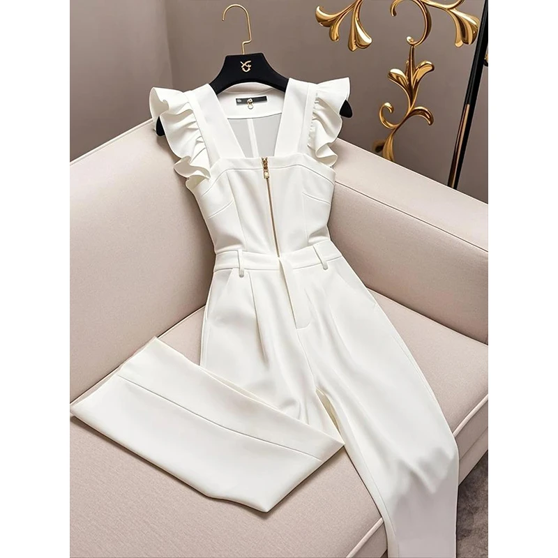 高端大气上档次御姐风情万种连体裤高级感白色飞飞袖背带裤女春季