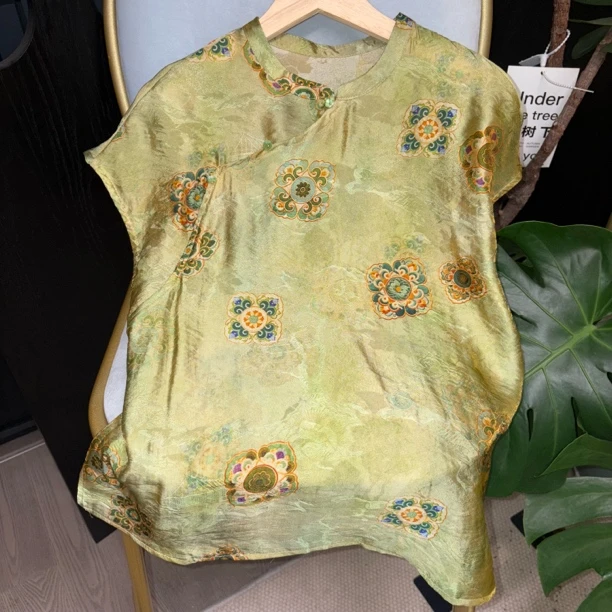 “橄榄绿. 上衣 ” 浮光锦提花扎染垂感夏季清凉小衫