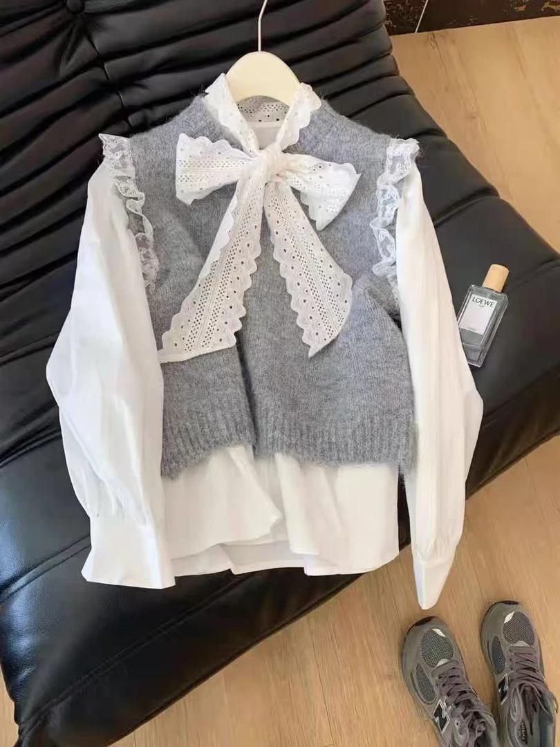韩版秋冬季新款设计感简约针织马甲 衬衫女高级感穿搭两件套8886