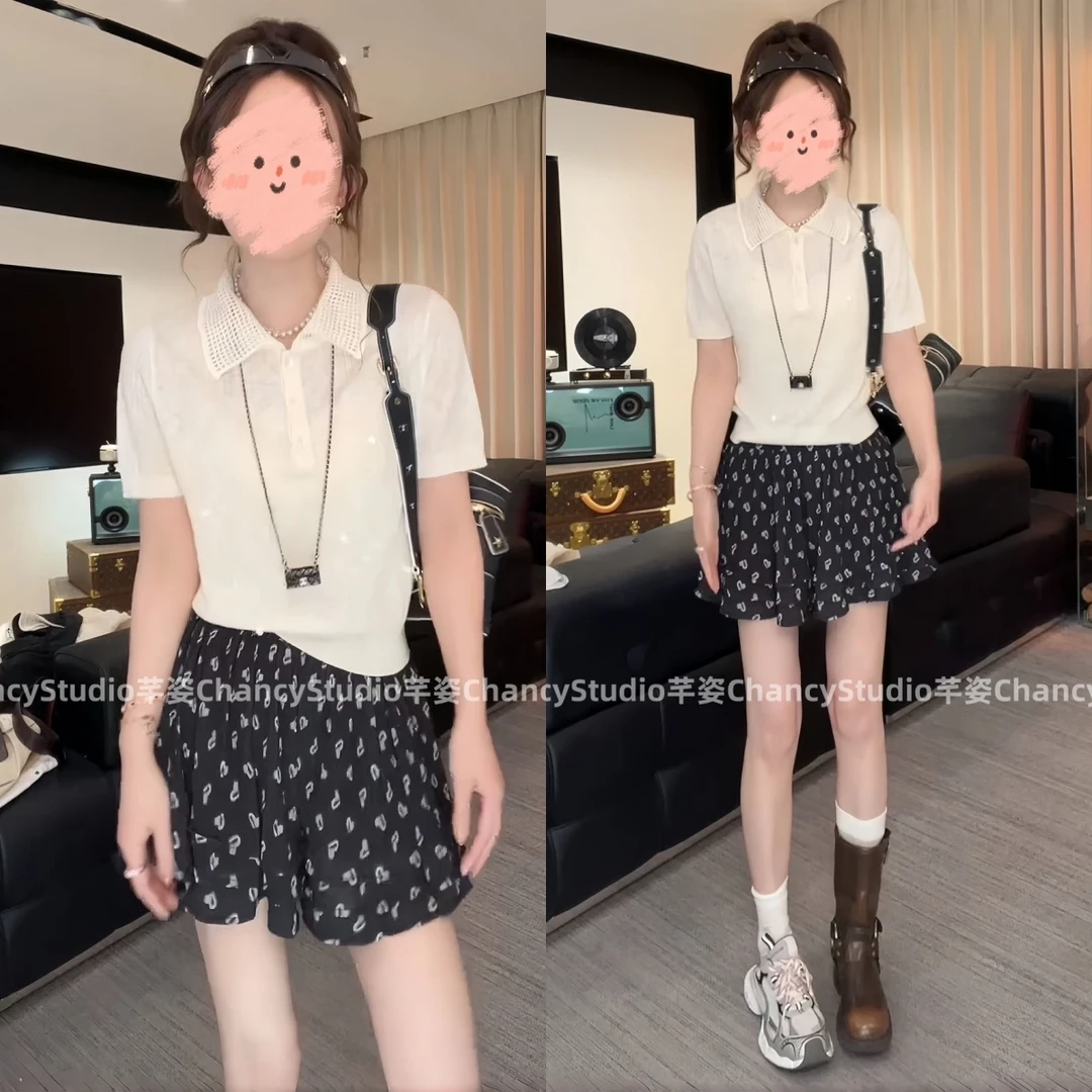 2025夏季时尚韩版POLO领设计感针织T恤上衣百搭碎花短裙套装女