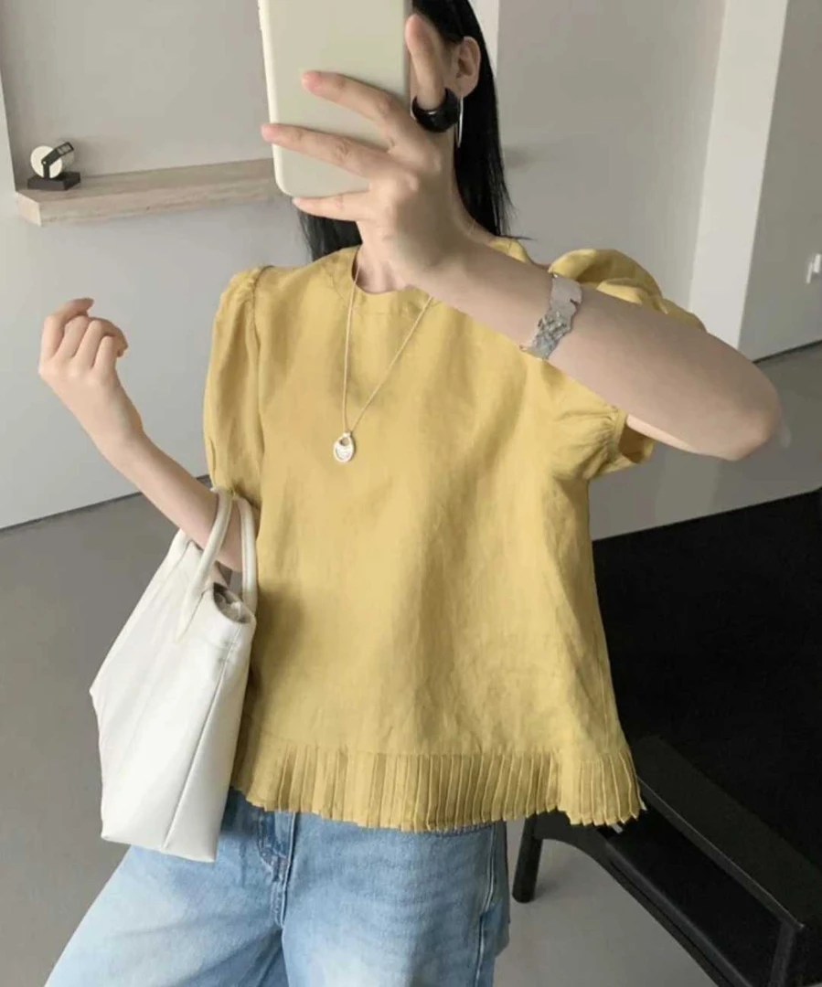 2025Z夏季新款圆领泡泡袖衬衫百褶花边拼接下摆休闲纯色上衣女