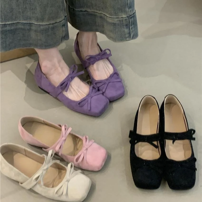 出游内增高方头粉色芭蕾单鞋女新款韩版时尚法式蝴蝶结玛丽珍鞋