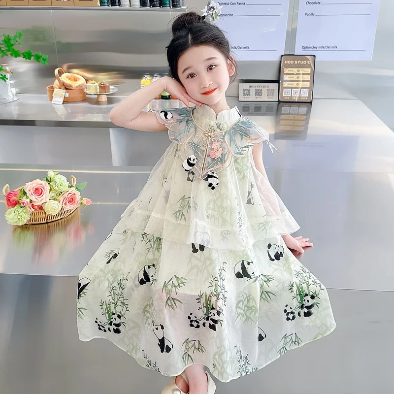 女童熊猫云肩汉服纱裙夏季新款洋气时尚中国风旗袍裙女宝宝复古裙