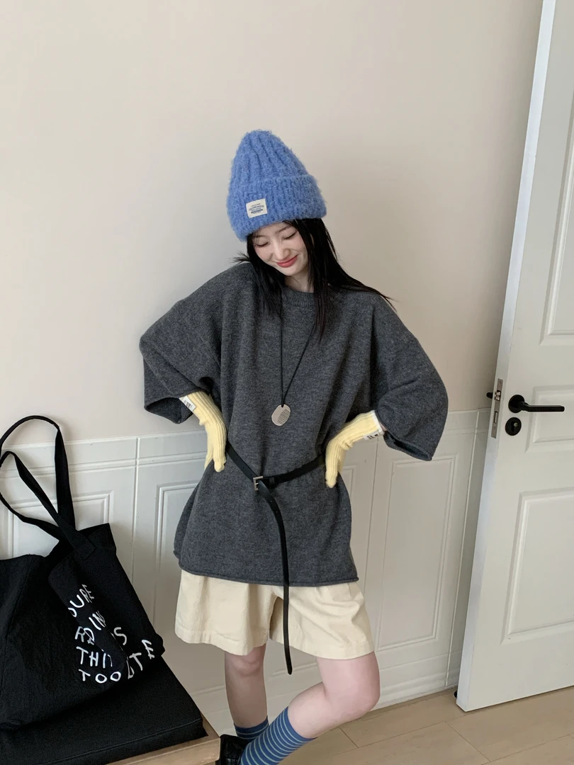 993风宽松廓形短袖毛衣女2025秋季新款慵懒软糯针织衫中长款上衣