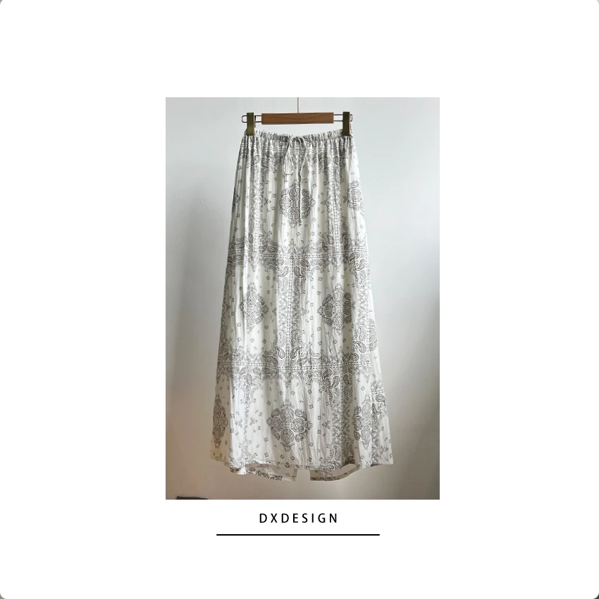 韩系温婉印花慵懒度假风后开叉显瘦中长裙 夏季气质艺术感半身裙