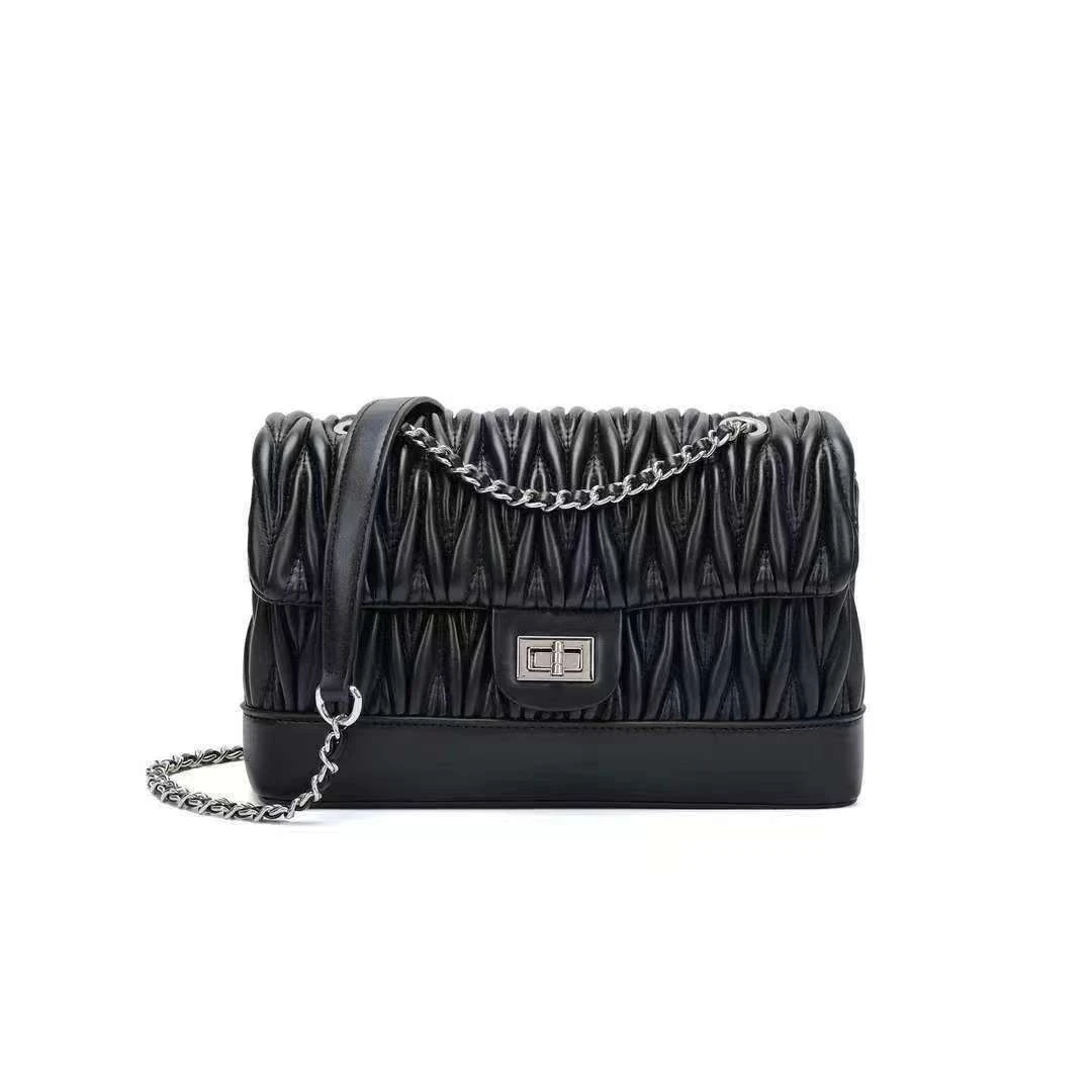 2025秋冬新款女士单肩包高奢褶皱刺绣单肩斜挎链条女包1201