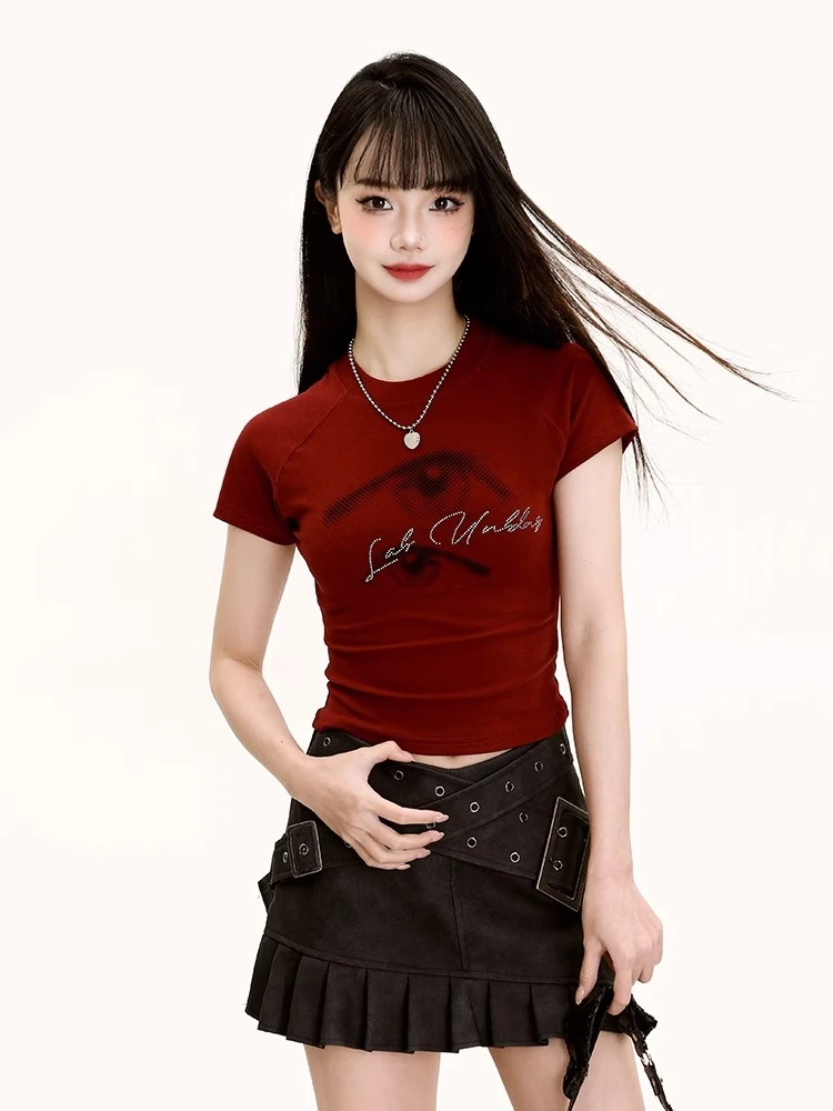 美式高街白色正肩短袖t恤女夏季2025新款修身显瘦短款甜辣妹上衣