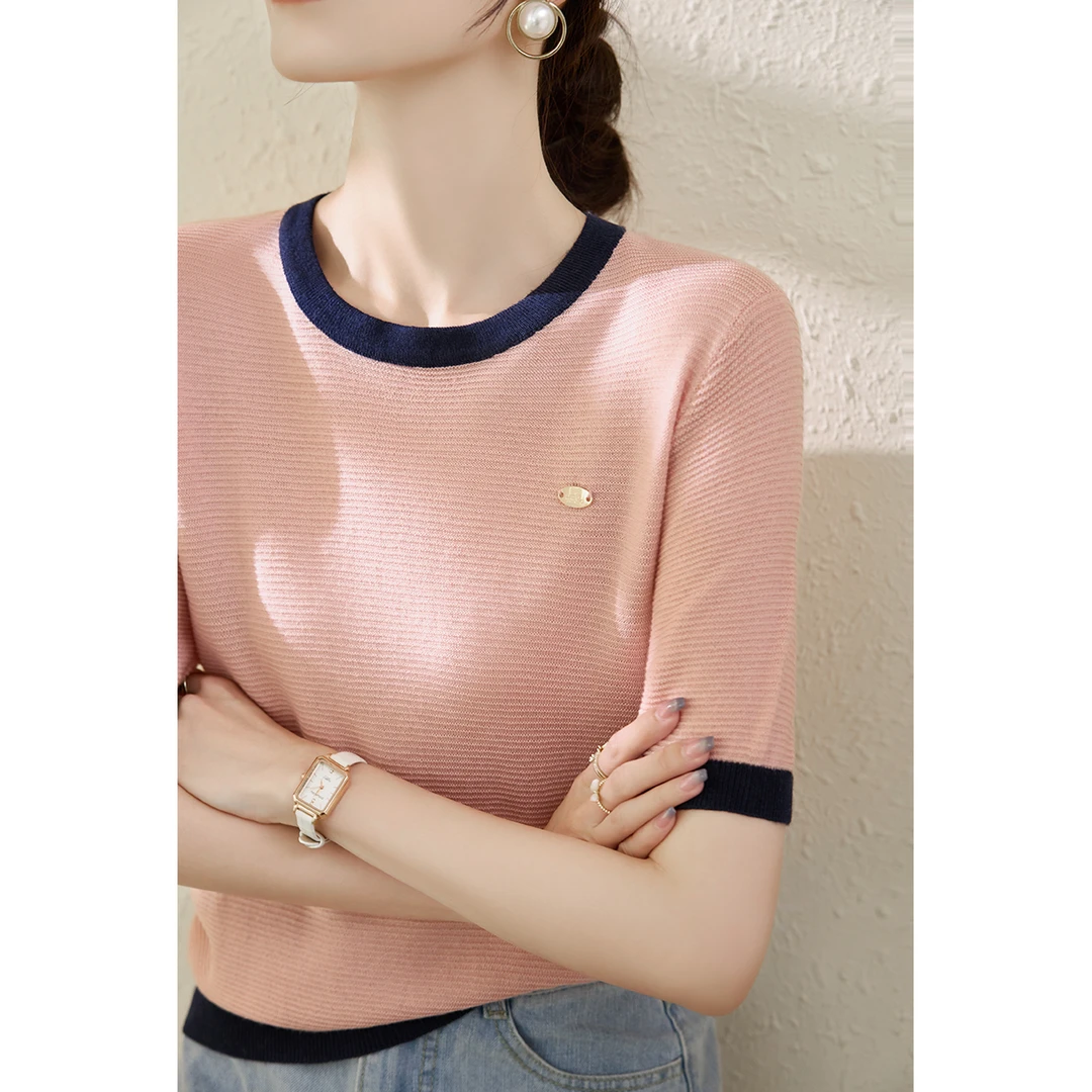 2025年夏季圆领短袖针织衫女简约薄款宽松显瘦百搭打底T恤上衣
