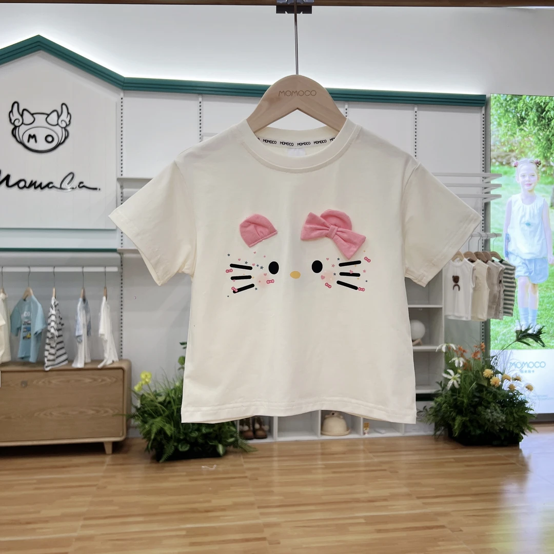 MOMOCO夏季女童可爱猫咪T恤甜美百搭圆领上衣77620235012