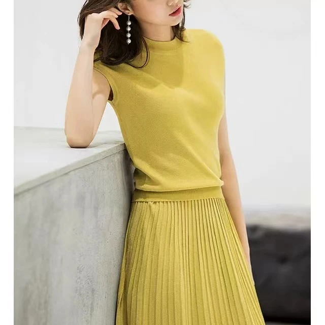 2025小香风针织半身裙套装女夏季轻熟风无袖百褶裙休闲两件套时尚