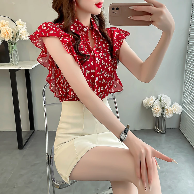 红色显白碎花雪纺上衣女夏显瘦飞飞袖衬衣高级感气质名媛翻领衬衫