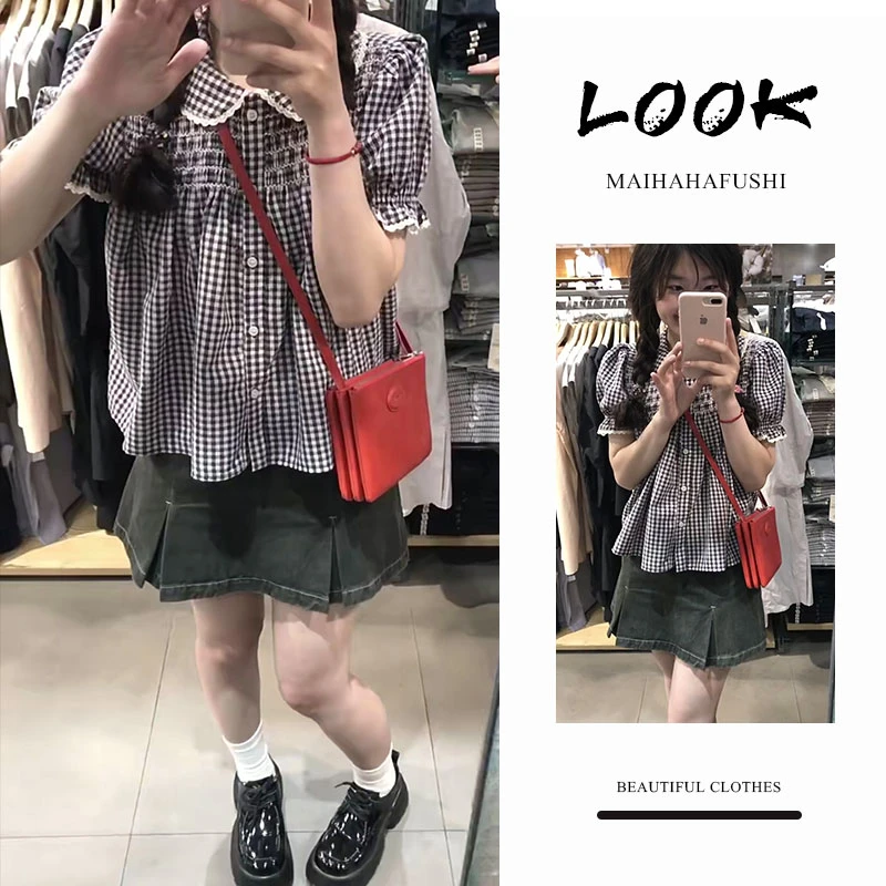 夏季一整套女装2025新款韩版娃娃领格子短袖衬衫牛仔短裙两件套装