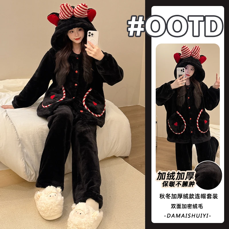 【加绒加厚】诺盾秋冬季长毛绒保暖睡衣女卡通少女学院风家居服套装