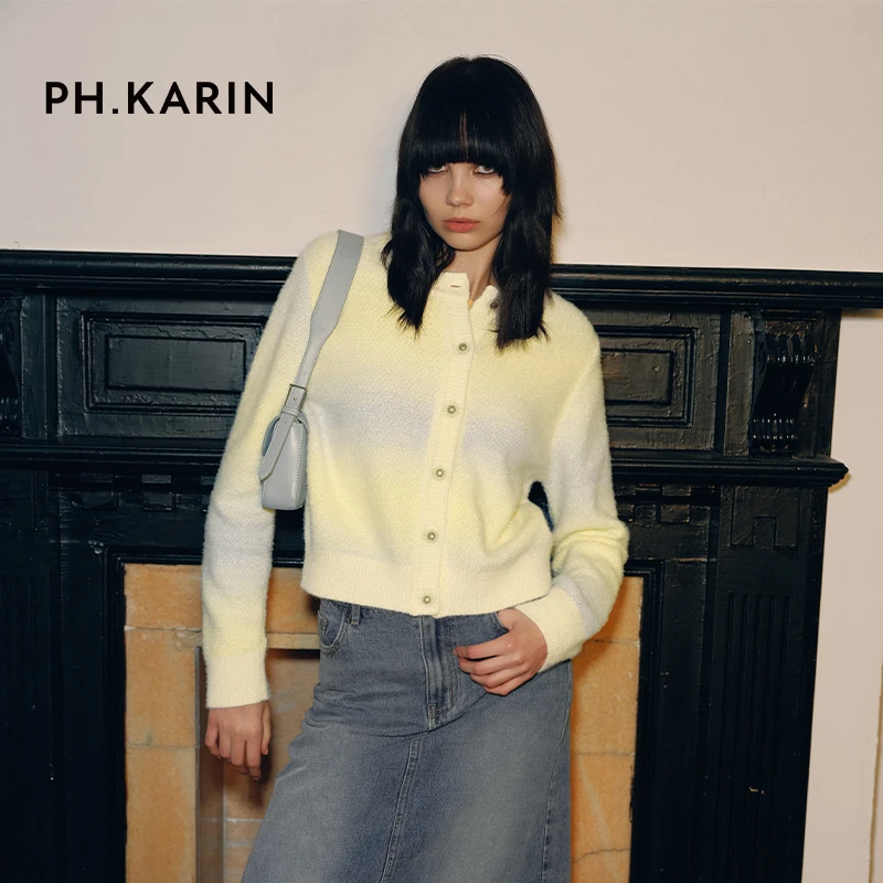 PH KARIN 时髦多色混纺纱线渐变圆领针织开衫女春装新款温柔上衣