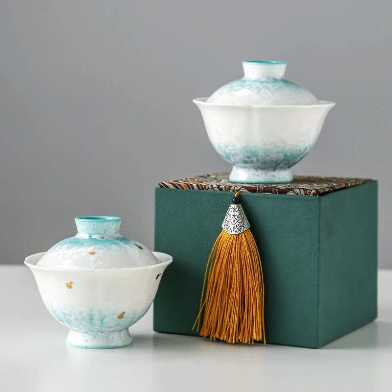 成铮冰花盖碗结晶釉简约泡茶器高档陶瓷二才花瓣茶碗茶杯功夫茶具