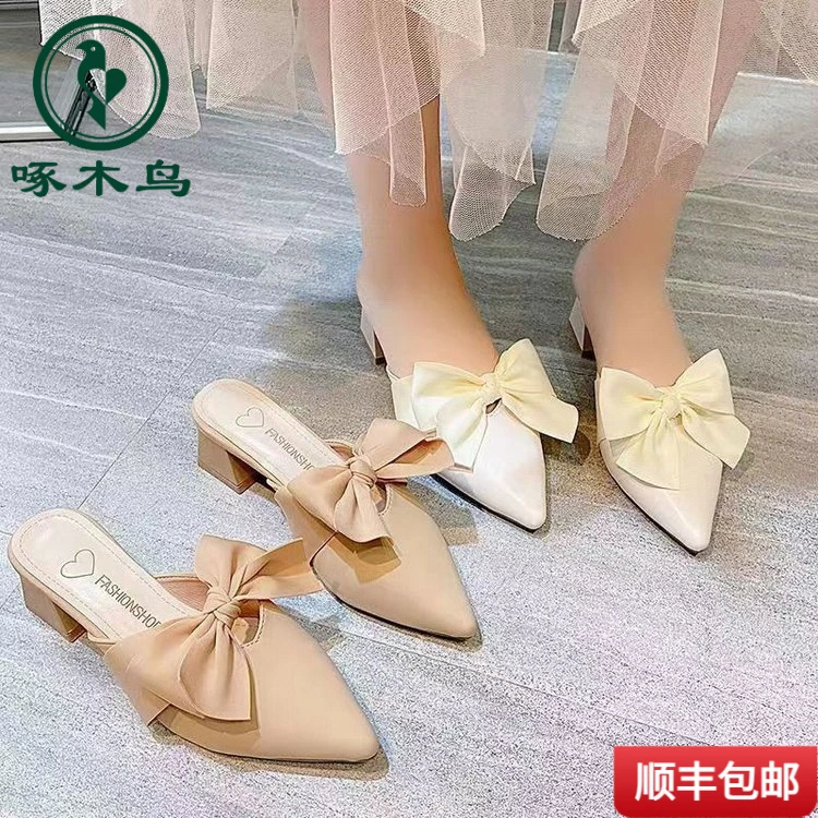 啄木鸟气质春夏高跟包头半拖鞋女夏外穿时尚粗跟方头懒人百搭凉拖